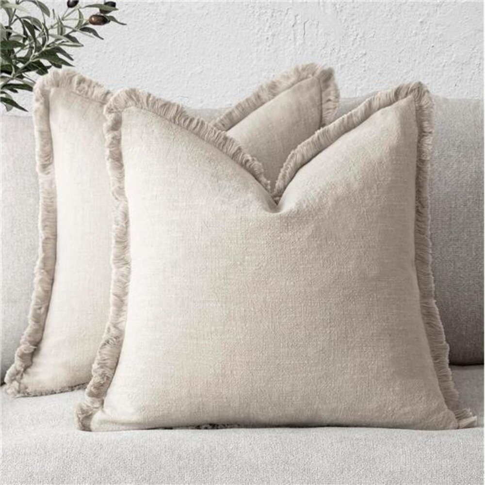 Set of 2 Decorative Linen Fringe Throw Pillow Covers Cozy Boho
